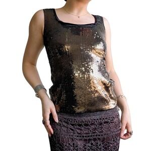 Elie Tahari Y2K Indie Sleaze Night Out Brown Bronze Sequins Silk Tank Top